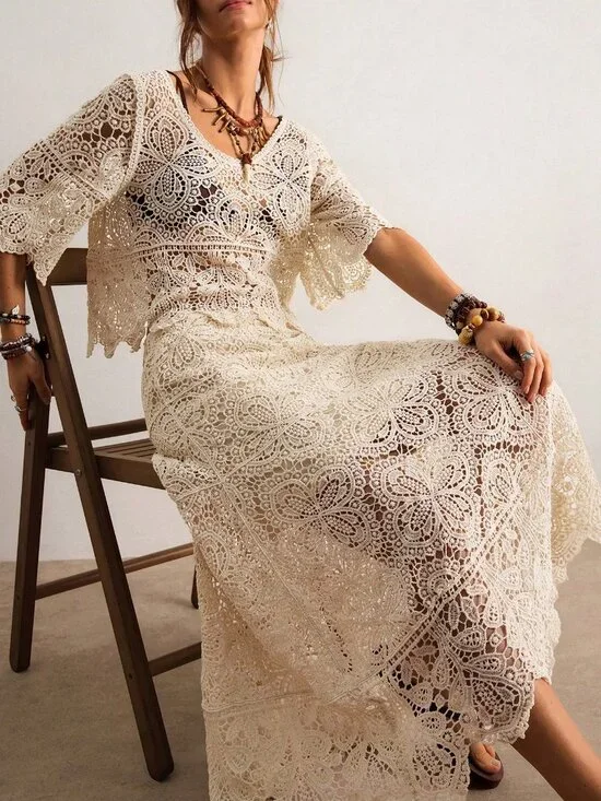 Apricot Elegant Women's Bohemian Crochet Knit Set - Picture 7 of 8